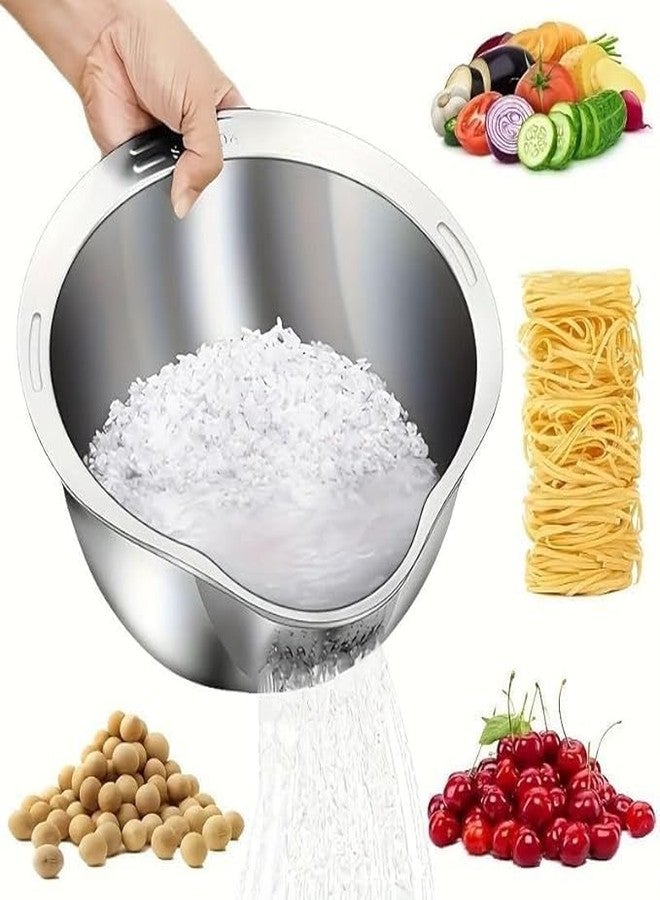 ASTROMETRIC Rice Washer Strainer Bowl, Rice Washing Bowl, Rice Cleaner Strainer with Side Drain Spoon, Stainless Steel Colander for Cleaning Fruits, Vegetables, Quinoa and Beans-Silver - Image 1